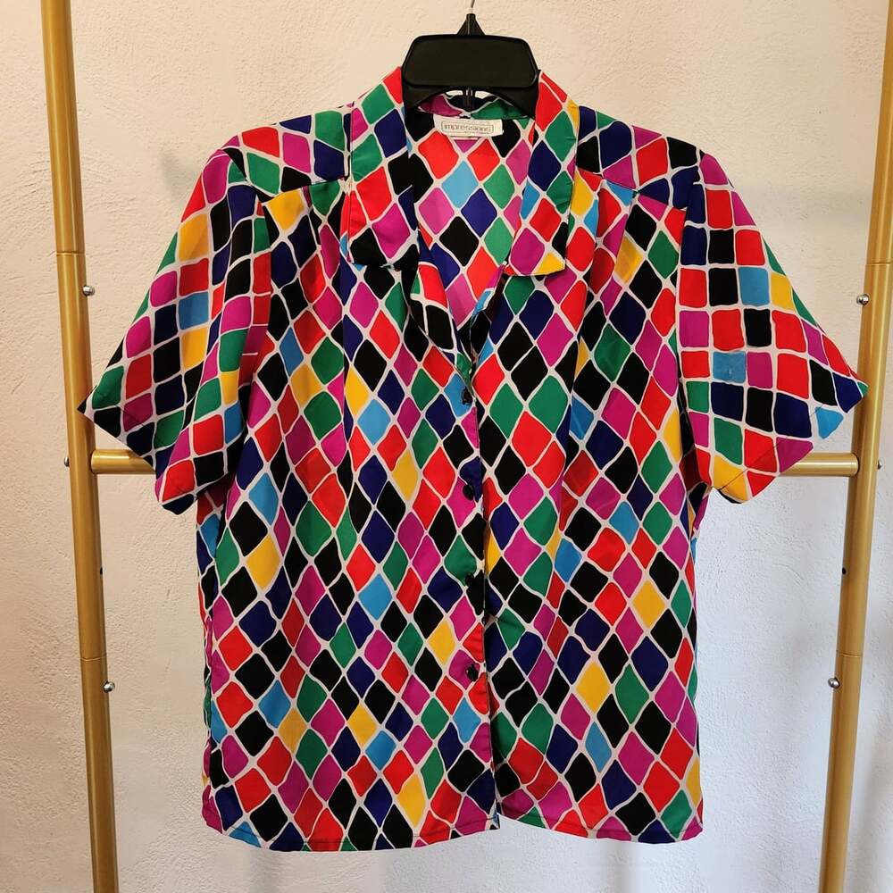 Impressions of California Vintage 90s Multi Color Short Sleeve Button Blouse M